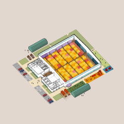 A green, red, and gold plan diagram of the Guánica Municipal Resilience Center, which converts into a shelter when needed.