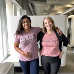 Erika Eitland and Yanel de Angel wear their MUJER YOU ARE WORTHY shirts from a small business owner in Barrio Logan.