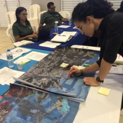 A Toa Baja resident leans over and examines the planning and design options at a community workshop.