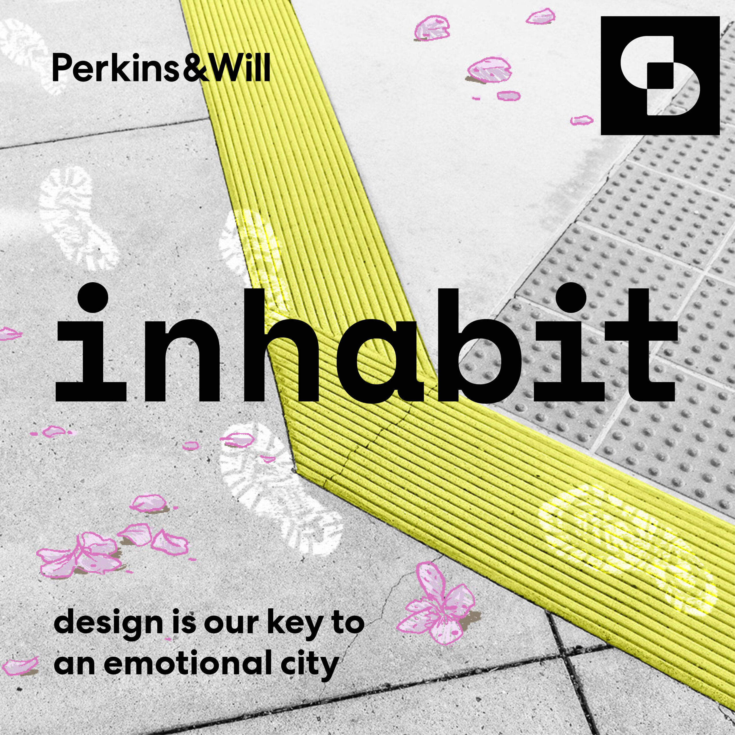 Concrete sidewalk intersection with yellow tactile paving, overlaid with hand-drawn sneaker footsteps and purply pink cherry blossoms. Perkins&Will and Inhabit, and SURROUND logos + series title in lower left: Design Is Our Key to an Emotional City.