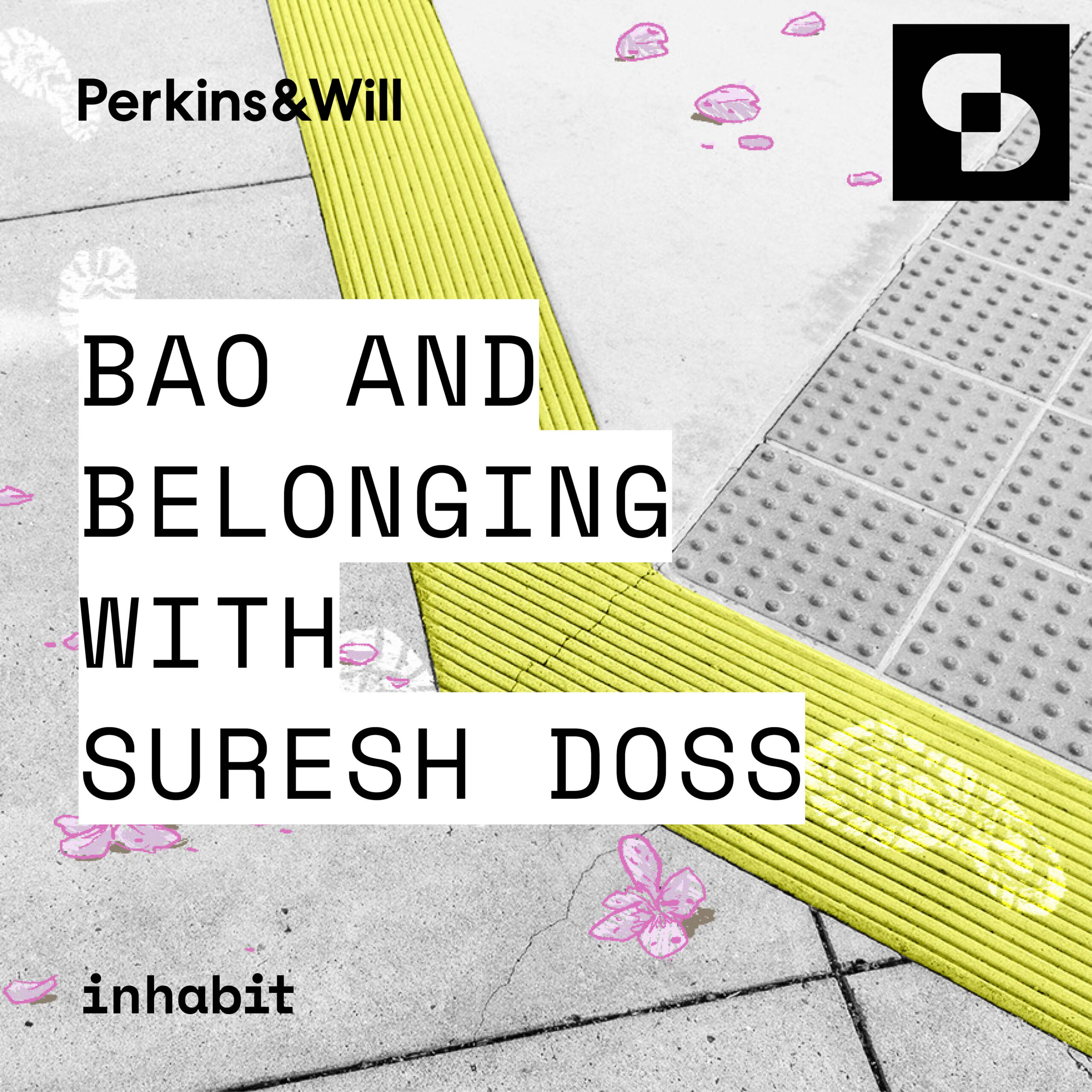 Cover art for Inhabit Series 3 "Bao and Belonging with Suresh Doss": gray sidewalk with tactile paving, cherry blossoms, and white sneaker footprints.