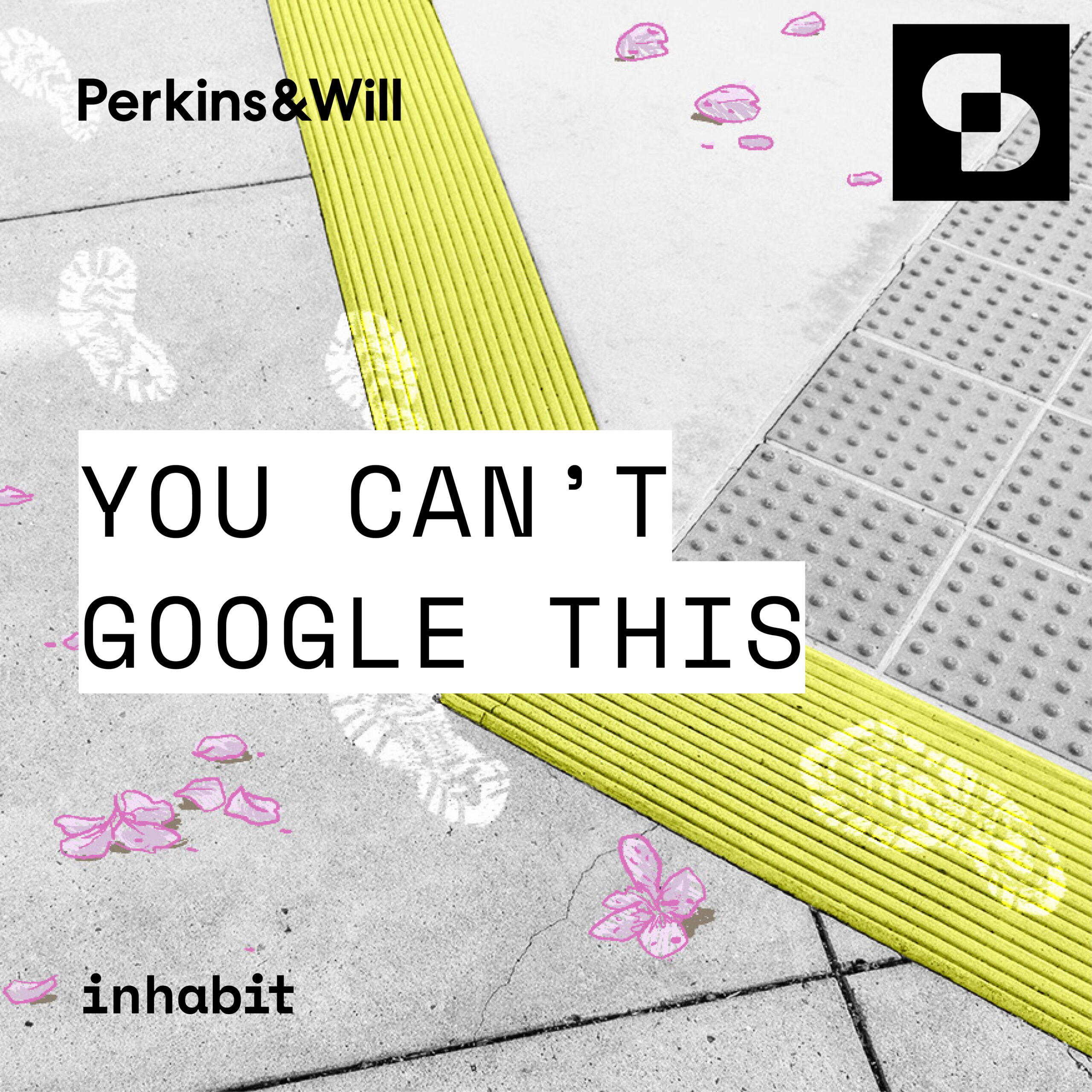 Cover art for Inhabit Series 3 "You Can't Google This": gray sidewalk with tactile paving, cherry blossoms, and white sneaker footprints.