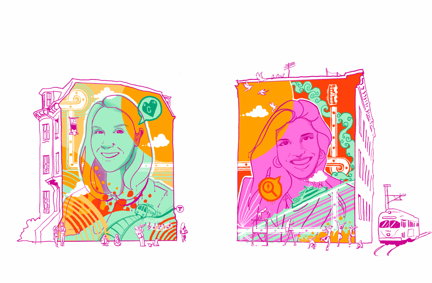 Kimi and Erika are illustrated as murals on Boston brownstones